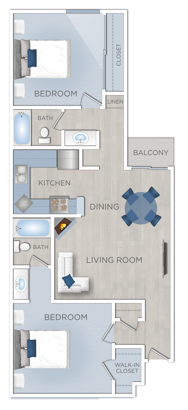 Floor plan for 2 beds, 2 baths